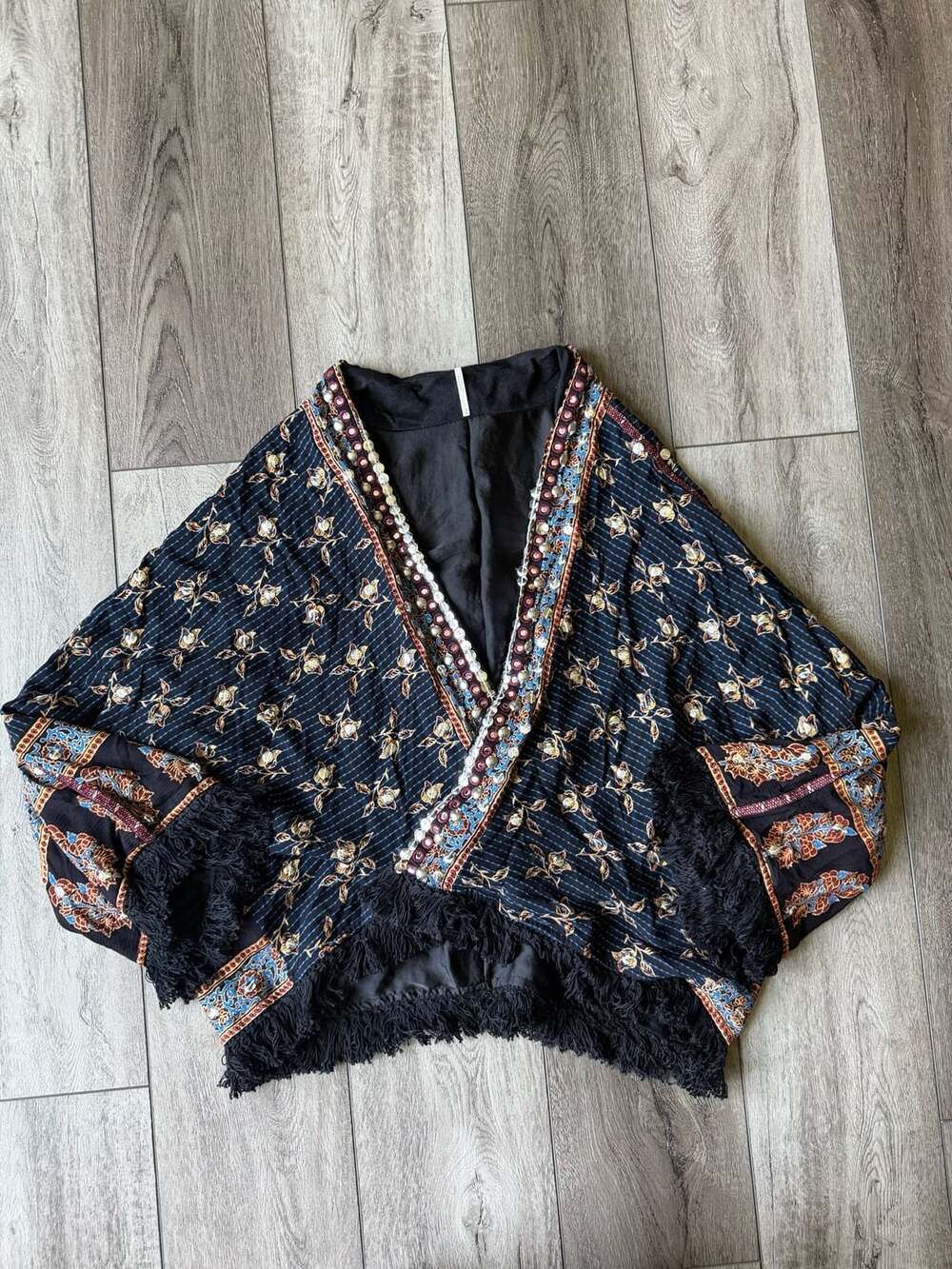 Free People Rays Of Light Fringe-Trim Sequin Kimono Jacket Midnight